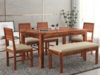Solid Sheesham Wood Dining Table Set 6 Seater | Wooden 6 Seater Dining Table Dining Area Living Room | 4 Chair & 1 Bench | Hotel/Restaurant Dining for Six People | CNC | Honey Finish
