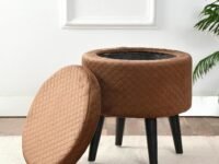 Storage Ottoman Stool for Living Room, Upholstered Tufeted Ottoman with Storage Stool Puffy Stool Pouffes for Sitting (17inch Height, Brown)