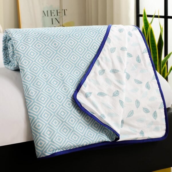 Story@Home Dohar Double Bed Cotton 100% | 150GSM 225 x240 cm Quilt AC Blanket for Summer | AC Comforter Double Bed | Sky Blue & White Geometric Reversible Design Duvet | All-Season Blanket