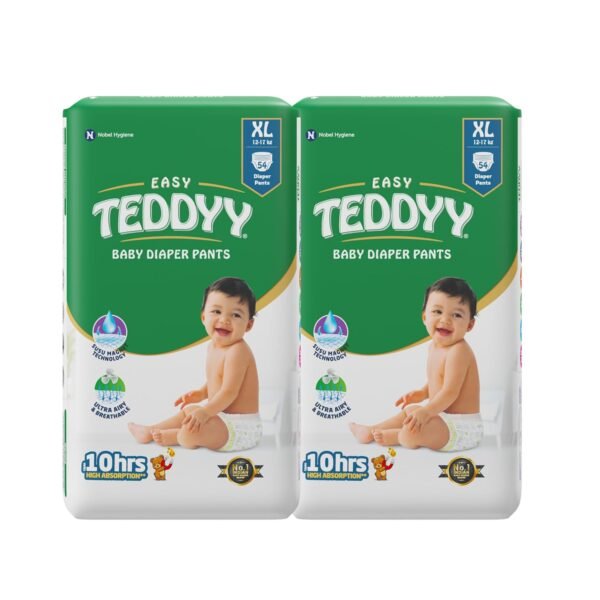 TEDDYY Easy Baby XL Size Diaper Pant Style |108 Count (Extra Large) |12-17 kgs (Pack of 2) | Long Protection Hours | Anti-Bacterial | Airy Breathable Fit | Rapid Soaker Channels with Wetness Indicator