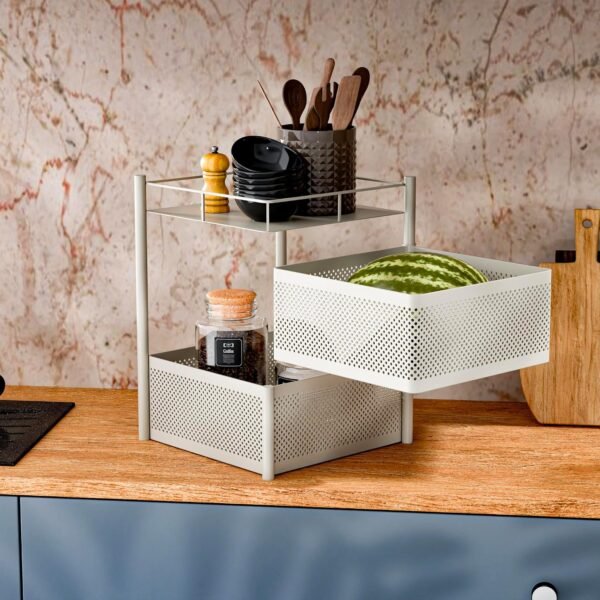 TEX-RO Kitchen Trolley with Wheels | 2-Layer Metal Vegetable Basket Stand & Kitchen Storage Rack | Multipurpose Kitchen Organizer for Onion Potato Storage (White)