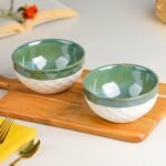 The Earth Store Studio Pottery Dual Tone White Green Ceramic Serving Bowls Set of 2 for Serving Pasta, Noodle, Maggi, Cereal Microwave Safe Salad Bowl, Mixing Bowl for Snacks