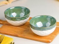 The Earth Store Studio Pottery Dual Tone White Green Ceramic Serving Bowls Set of 2 for Serving Pasta, Noodle, Maggi, Cereal Microwave Safe Salad Bowl, Mixing Bowl for Snacks
