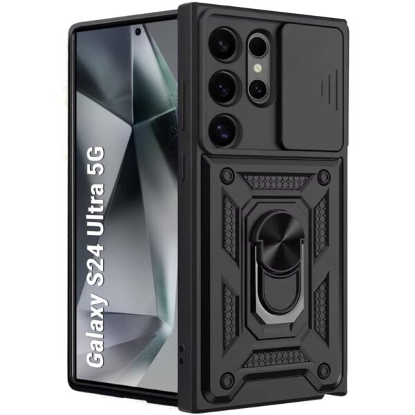 TheGiftKart Tough Armor Bumper Back Cover Case for Samsung Galaxy S24 Ultra 5G | Sliding Camera Cover, KickStand & Ring Holder | 360 Degree Protection Back Case for Samsung S24 Ultra (PC & TPU, Black)