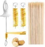 Tornado Spiral Potato Cutter Manual Slicer Vegetable Spiralizer Chips Maker with 4 Stainless Steel Sticks (Potato Twister with Bamboo Sticks)