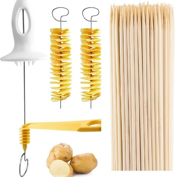 Tornado Spiral Potato Cutter Manual Slicer Vegetable Spiralizer Chips Maker with 4 Stainless Steel Sticks (Potato Twister with Bamboo Sticks)