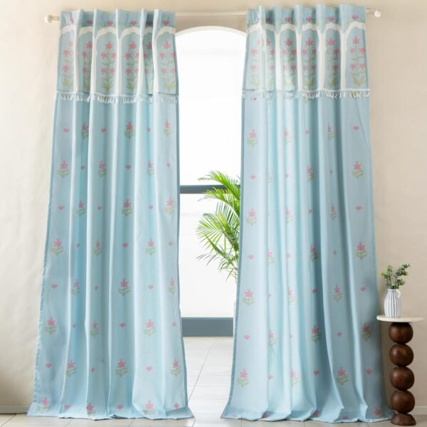 Tranquebar Curtain Co. Window Curtains 5 Feet, 60-65% Room Darkening, Turquoise Floral Print, Cotton Curtains for Window, Cotton Curtains 5 Feet Long Set of 2, BackTab Loops, Taj (152 cm) - Set of 2