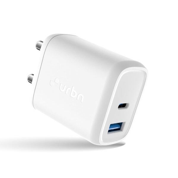 URBN 25W Dual USB Type-C Travel Adaptor with GaN Technology for Google Pixel, Xiaomi, Motorola, iPhone, Samsung Galaxy Tab S/A Series, Galaxy S10/M54/M55/A80/A90/S25/S24 (White)