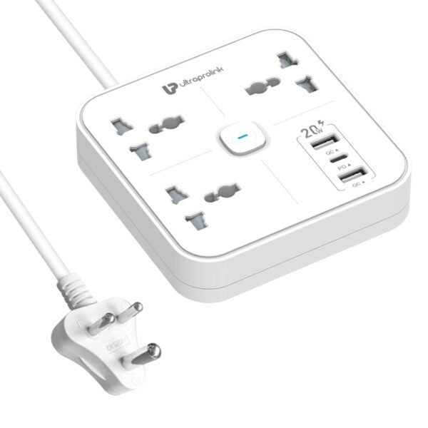 UltraProlink 6 in 1 Extension Board Power Strip Multi-Port| ISI Approved Heavy Duty Cable-2m| 6 Ports-1 Fast Charge Type-C(PD 20W) 2 USB-A Ports & 3 AC Sockets|Charging iPhones 50% in 30 mins