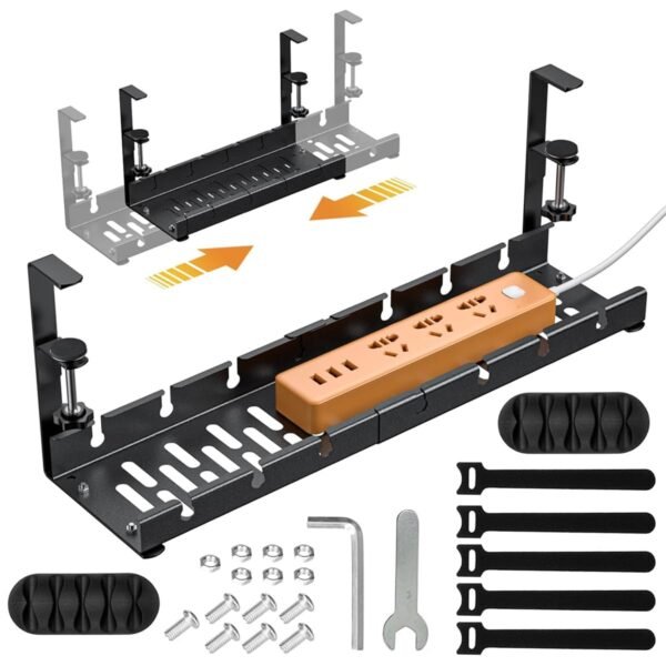 Under Desk Cable Organizer Cable Organizer Rack, Retractable 28.5-55 cm Adjustable Metal Tray, Adjustable Under Desk Cable Organizer Holder for Power Extention, Power Cord, Network Cable