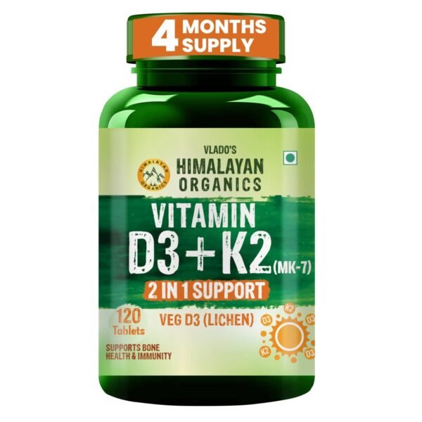Vlado’s Himalayan Organics Vitamin D3 K2 Supplement I 100% Veg D3 - Lichen Sourced -600 IU Vitamin D3 + 55 mcg K2 (MK7) - Stronger Bones, Immunity & Calcium Absorption - D3 Supplement for men & women - 120 tablets