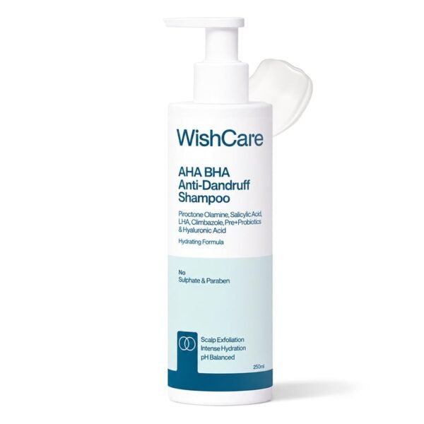 WishCare Hydrating Anti Dandruff Shampoo | 100% Dandruff Reduction | Removes Flakes & Hydrates Scalp | Proven Clinically | Piroctone Olamine, Salicylic Acid, AHA & BHA | Paraben & Sulphate Free | For Women And Men | 250ml