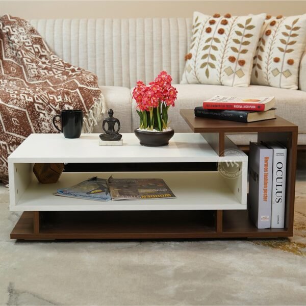 Wooden Street Jevon Coffee Table | Engineered Wood Dual Finish Coffee and Centre Table for Living Room with Open Storage | (Columbian Walnut - White Finish