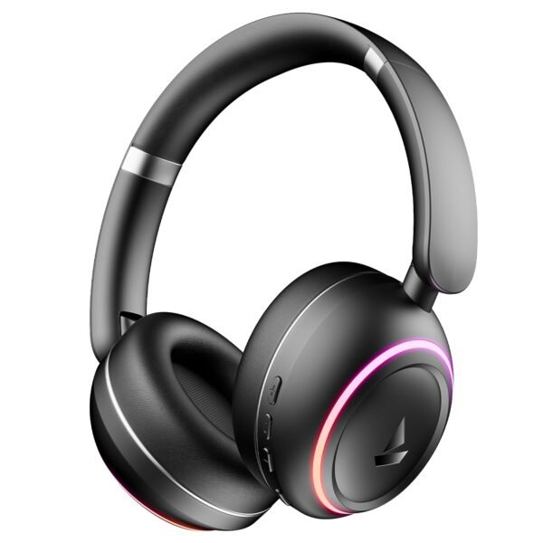 boAt Rockerz 480, RGB LEDs,6 Light Modes, 40mm Drivers,Beast Mode, 60H Battery, ENx Tech, Stream Ad Free Music via App Support, Bluetooth Headphones, Wireless Over Ear Headphone with Mic (Black Sabre)