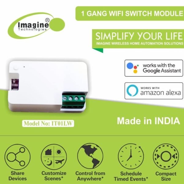 imagine technologies 1 Gang 16Amp Smart WiFi Switch | Retro Fit with Manual Control | No Hub Required | Working Online & Offline| Alexa & Google Voice (1 Gang 16A Smart Switch)