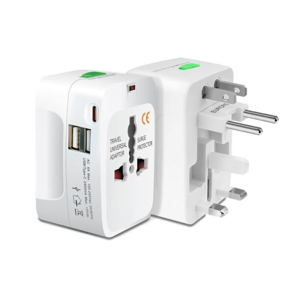 2 USB Universal Travel Adapter with Built in Dual Charger Ports Plug International Adapter All in One Portable Travel Adapter (2 USB and Type C Travel Adapter White)