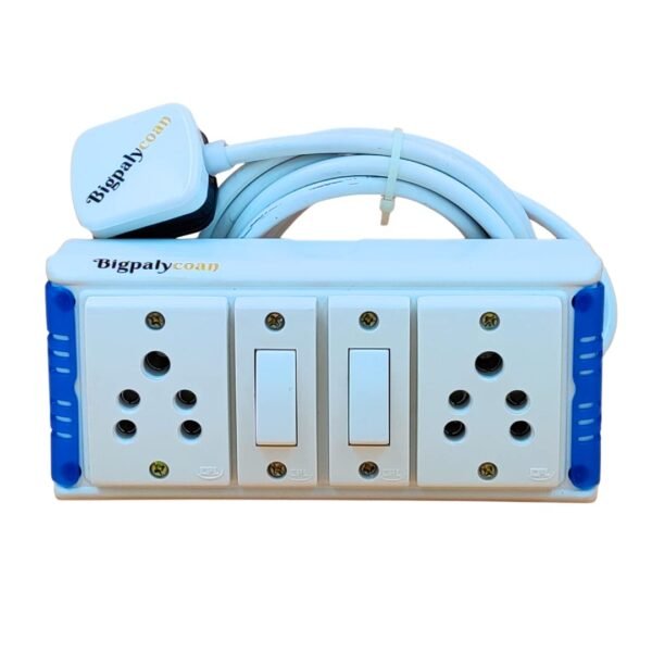 2 Way Extension Multi Outlet Electrical Switch Board with Individual Switch Heavy Duty Long Cord (Max. Rating 1200W- 230V) PVC Blue/Green-White (5 Meter Cord)