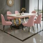 6-Seater Dining Table with Nano Composite Marble Top and PVC Golden Wooden Base |3yr Warranty - Includes 6 Fabric Upholstered Chairs (Pink, White Marble Top)