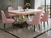 6-Seater Dining Table with Nano Composite Marble Top and PVC Golden Wooden Base |3yr Warranty - Includes 6 Fabric Upholstered Chairs (Pink, White Marble Top)