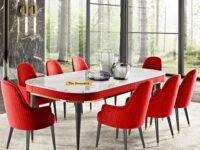 8-Seater Dining Table Set with 8 Chairs | Modern Elite Italian Statuario Marble Top | Solid Wood Base | 2 Year Warranty | Elegant Marble Dining Table – Modern Dining Room Furniture (Maroon )