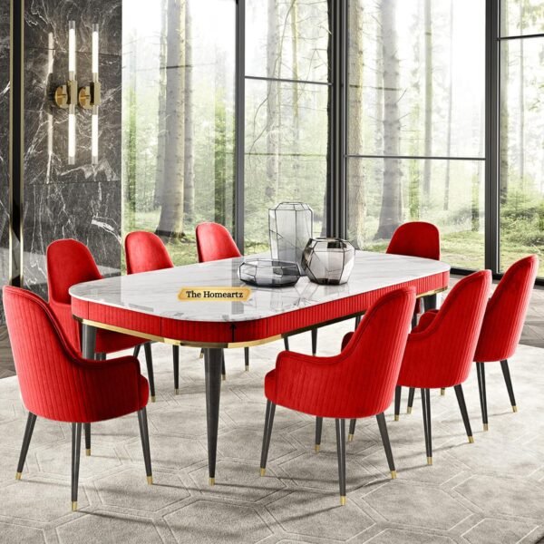 8-Seater Dining Table Set with 8 Chairs | Modern Elite Italian Statuario Marble Top | Solid Wood Base | 2 Year Warranty | Elegant Marble Dining Table – Modern Dining Room Furniture (Maroon )