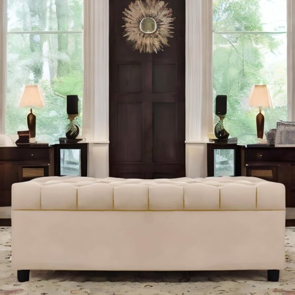 AMATA Eagle Solid Wood 2 Seater Ottoman/pouffe Cream Suede Velvet Fabric Perfect for Home Living Office Room and Guests (Cream 3, 2 Seater)(3 Year Warranty)