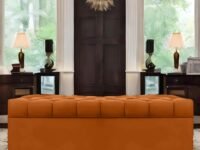 AMATA Eagle Solid Wood 2 Seater Ottoman/pouffe Orange Suede Velvet Perfect for Home Living Office Room and Guests (Orange 3, 2 Seater)(3 Year Warranty)