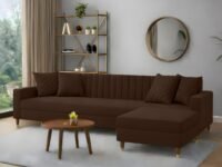 AMATA Elegant Solid Wood 4 Seater L Shape Brwon Suede Velvet Sofa Set with Four Cushions Perfect for Home Office Guests Living Room (02 Brown, L Shape)(3 Year Warranty)