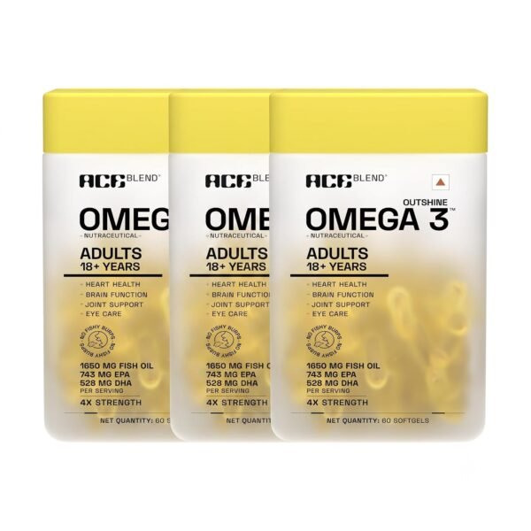 Ace Blend Outshine Omega 3 Fish Oil 4X Strength | 1650mg with 743 EPA & 528 DHA | 2 Softgels Daily for Men & Women | No Fishy Burps | Supports Heart, Brain, Joints & Eye Health | 180 Softgels