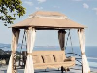 Alloy Steel Invezo Outdoor Swing 3 Seater for Garden, Adult, Daybed Hammock & Jhula with Water Proof Canopy, Heavy Duty Swing for All Weather (Khaki Color) with Cushions and Pillows