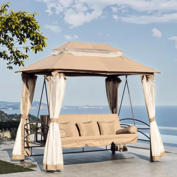 Alloy Steel Invezo Outdoor Swing 3 Seater for Garden, Adult, Daybed Hammock & Jhula with Water Proof Canopy, Heavy Duty Swing for All Weather (Khaki Color) with Cushions and Pillows