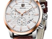 BENYAR Quartz Chronograph Waterproof White Dial Business and Sport Design Leather Band Strap Men's Wrist Watch