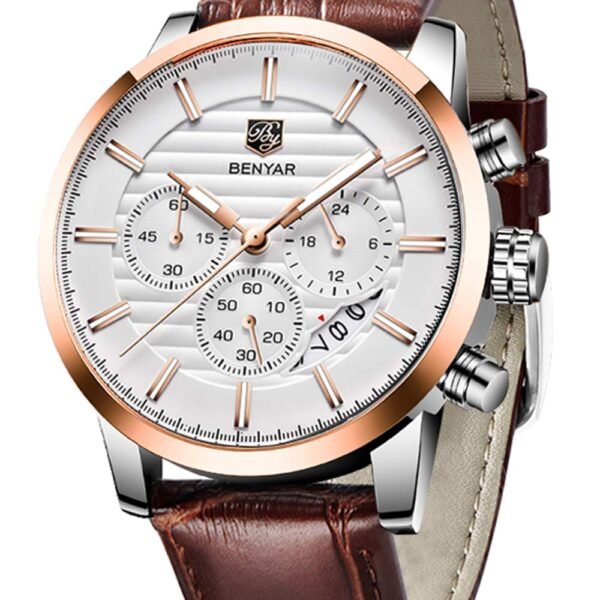 BENYAR Quartz Chronograph Waterproof White Dial Business and Sport Design Leather Band Strap Men's Wrist Watch