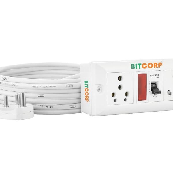 BITCORP 16A Heavy Duty Power Extension Board with 2 Socket 1 MCB, 3500W MCB Overload Protector, 1 Meter 2.5mm Electric Cord for AC, Refrigerator, EV Charger, Washing Machine, Geyser