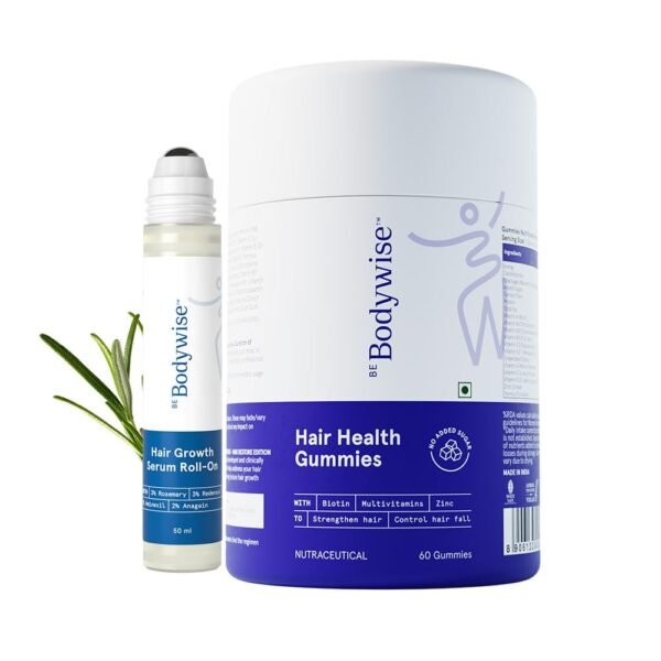 Be Bodywise Hair Growth Pack with 23% Actives | Biotin Hair Gummies (60 Days Pack) & 3% Rosemary Hair Growth Serum Roll-on (50ml) | Prevents Hair Thinning & Hair fall | Paraben & SLS Free