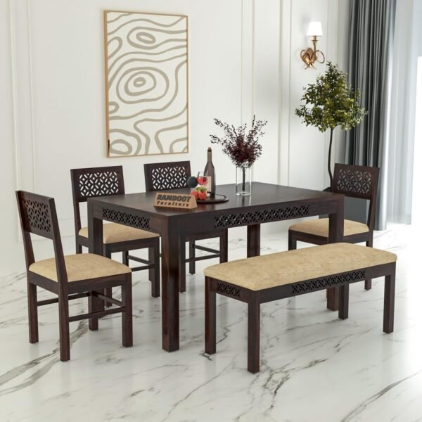 CNC Solid Sheesham Wood Dining Table Set 6 Seater | Six Seater Dining Table 6 Seater with 4 Cushion Chairs & 1 Bench for Living Room | 6 Seater Dining Set for Hotel Restaurant|Walnut