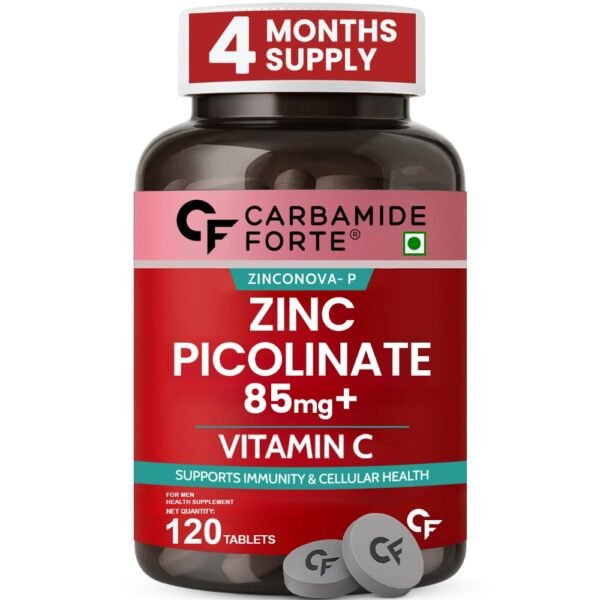 Carbamide Forte Zinc Picolinate with Vitamin C | Zinc Supplements for Men with 100% RDA Zinc | Immunity & Cellular Health Support – 120 Tablets