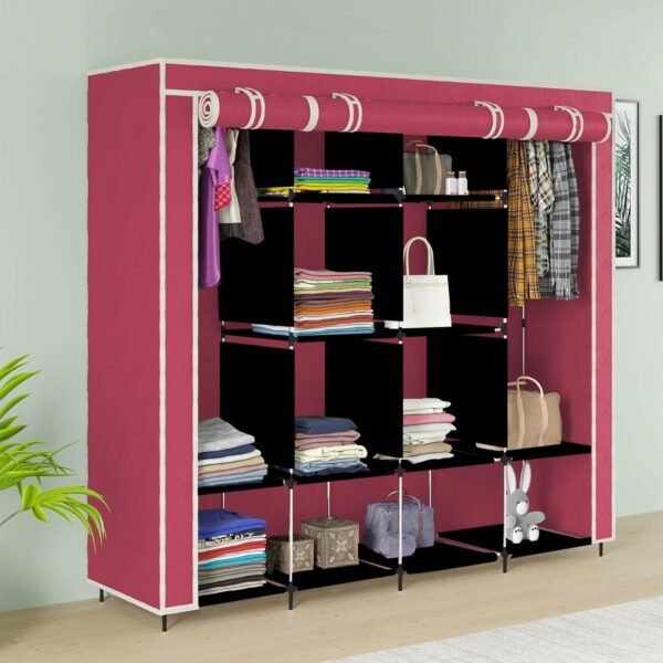 Collapsible Wardrobe for Clothes with 12 Shelves 2 Hanger(Non Woven Febric 90GSM, Metal Rod, 145X38X145cm)(88270, Maroon)