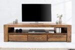 DEMIWALL Solid Sheesham Wood Entertainment Tv Unit for Living Room | Free Standing Media Console Movable Tv Cabinet Sideboard | Tv Table Side Board with 3 Drawer & Open Shelf Storage | Rustic Teak