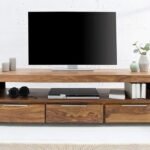 DEMIWALL Solid Sheesham Wood Entertainment Tv Unit for Living Room | Free Standing Media Console Movable Tv Cabinet Sideboard | Tv Table Side Board with 3 Drawer & Open Shelf Storage | Rustic Teak