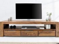 DEMIWALL Solid Sheesham Wood Entertainment Tv Unit for Living Room | Free Standing Media Console Movable Tv Cabinet Sideboard | Tv Table Side Board with 3 Drawer & Open Shelf Storage | Rustic Teak
