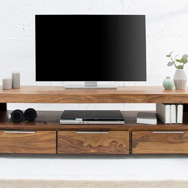 DEMIWALL Solid Sheesham Wood Entertainment Tv Unit for Living Room | Free Standing Media Console Movable Tv Cabinet Sideboard | Tv Table Side Board with 3 Drawer & Open Shelf Storage | Rustic Teak