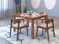 DRIFTINGWOOD Liana Dining Table 4 Seater | Four Seater Dinning Table with 4 Chairs with Beige Cushions for Home | Rosewood, Natural Finish Self Assembly(DIY)