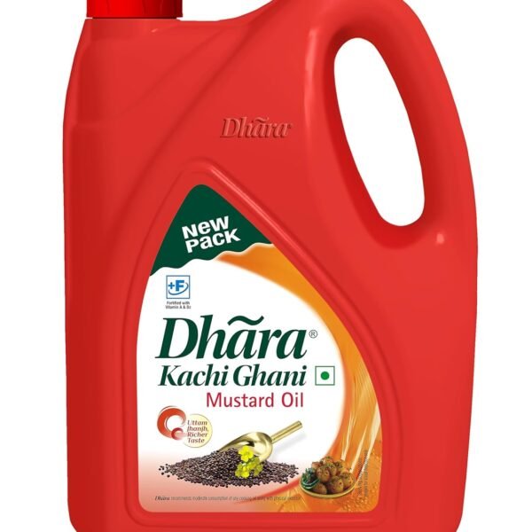 Dhara Kachi Ghani Mustard Oil (0% Trans Fat), 5 L Jar/4.5 L Jar (May contain free turmeric powder 50g)