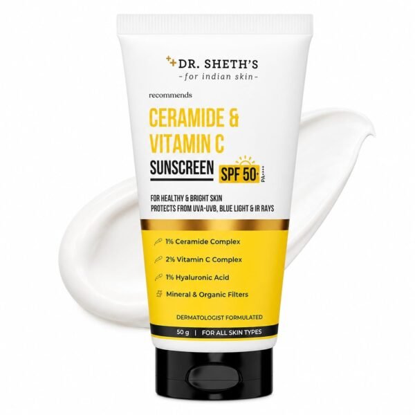 Dr. Sheth's Ceramide & Vitamin C Sunscreen SPF 50+ PA++++ | Broad Spectrum UVA/UVB Protection | In-Vivo tested | Lightweight | No White Cast | Reduces tan | 50 g