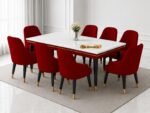 Elara 8-Seater Dining Table Set with 8 Chairs | Modern Elite Italian Statuario Marble Top | Solid Wood Base | 2 Year Warranty | Elegant Marble Dining Table – Modern Dining Room Furniture (Maroon )