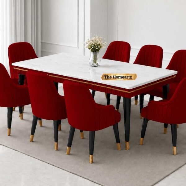 Elara 8-Seater Dining Table Set with 8 Chairs | Modern Elite Italian Statuario Marble Top | Solid Wood Base | 2 Year Warranty | Elegant Marble Dining Table – Modern Dining Room Furniture (Maroon )