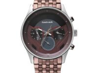 Fastrack Mens Thor Quartz Multifunction Two Toned Black & Red Dial Brown Metal Strap Watch for Guys NT3286KM01