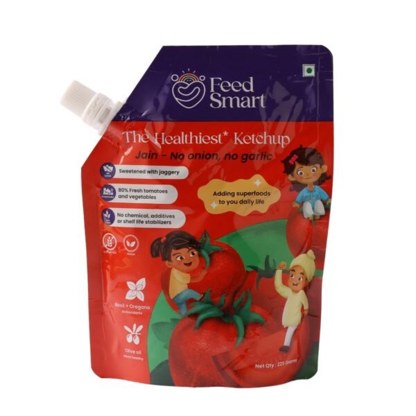 FeedSmart Jain Tomato Ketchup: 80% Fresh Tomatoes, Jaggery Sweetened, Chemical-Free, No Additives 100% Clean,Farm Fresh, Real Red Ripe Joy In Every Bite No Onion, No Garlic (Pack Of 1) - 225 Gm