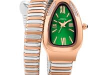 French Connection Eternelle Curve | Green Dial with Rose Gold Case | Flexible Wrap Bracelet Strap | Crystal Accent Design | Roman Numerals Analog Watch for Women - FCN0142NRTM